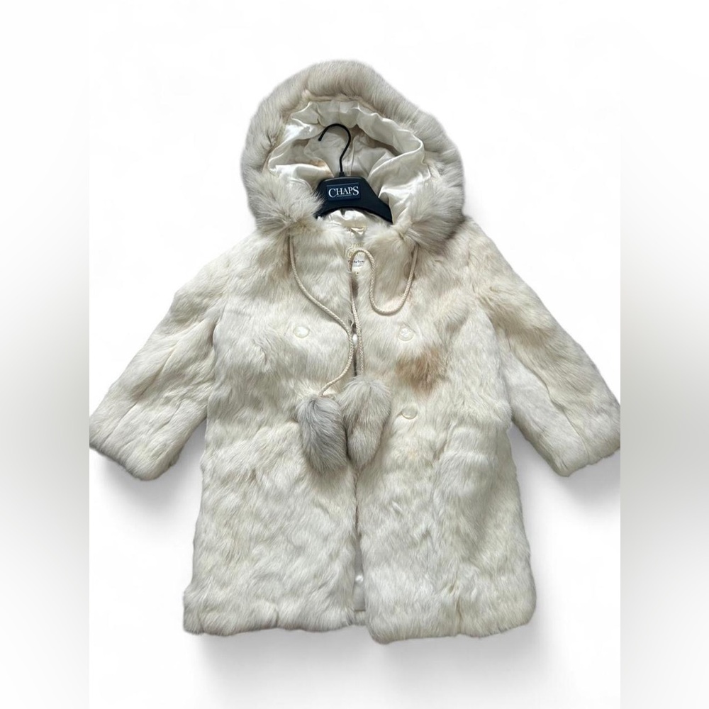 Vintage Girls Rabbit Fur Coat Size 6 Fox Trim Hood